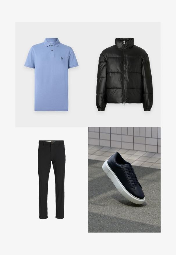 Čierna páperová bunda s vysokým golierom, predným zipsom, prešívaným dizajnom, elastickými manžetami a lesklým hladkým materiálom.; Svetlo modrá polo košeľa vyrobená z textúrovanej tkaniny, s klasickým golierom, dvoma gombíkmi a malým vyšitým logom na hrudi.; Čierne nohavice z bavlneného zmesi so štíhlym strihom, s gombíkovým zapínaním, vreckami a založenými manžetami pre ležérny vzhľad.; Čierne kožené tenisky s okrúhlou špičkou a bielou gumovou podrážkou. Majú ploché šnúrky a minimálne šitie na vrchu. Textúrovaná podrážka pre lepšiu priľnavosť.