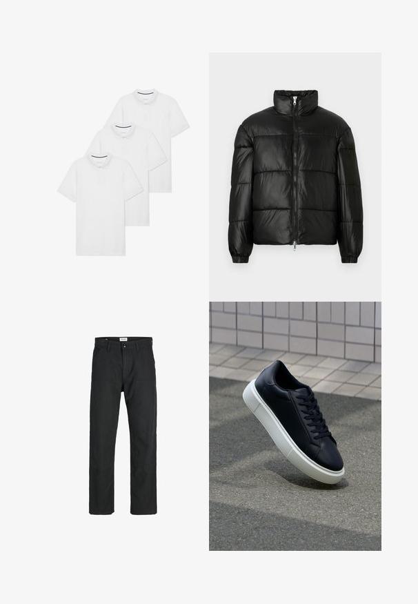 Zwarte pufferjack met een hoge kraag, ritsvoorzijde, gestikt ontwerp, elastische manchetten en een glanzende, gladde stofafwerking.; Drie eenvoudige witte polo-shirts met een kraag, korte mouwen, een knoopsluiting en een klein marineblauw accent binnen in de kraag.; Zwarte broeken gemaakt van duurzame stof, met een recht gesneden ontwerp, gestikte accenten en twee voorzakken voor functionaliteit.; Zwarte leren sneaker met een ronde neus en een witte rubberen zool. Voorzien van platte veters en minimale stiksels op het bovenwerk. Textuurrijke zool voor grip.