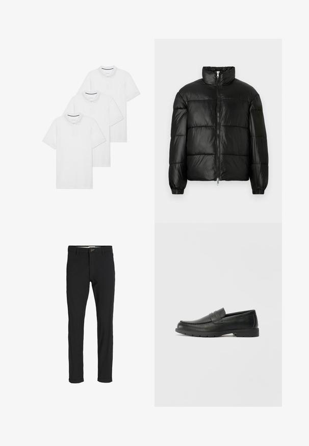 Črna pufasta jakna z visokim ovratnikom, z zadrgo spredaj, prešito zasnovo, elastičnimi manšetami in sijočim, gladkim zaključkom tkanine.; Tri bele polo majice s ovratnikom, kratkimi rokavi, zapenjanjem na gumbke in majhnim mornarsko modrim detajlom znotraj ovratnika.; Črne bombažne hlače iz mešanice tkanin, ožjega kroja, z gumbom za zapiranje, žepi in zavihanimi robovi za sproščen videz.; Črne usnjene loafer čevlje z gladko površino, zgornjim delom v slogu mokasin, šivanimi detajli in gumijastim podplatom. Klasična zasnova z nizko peto.