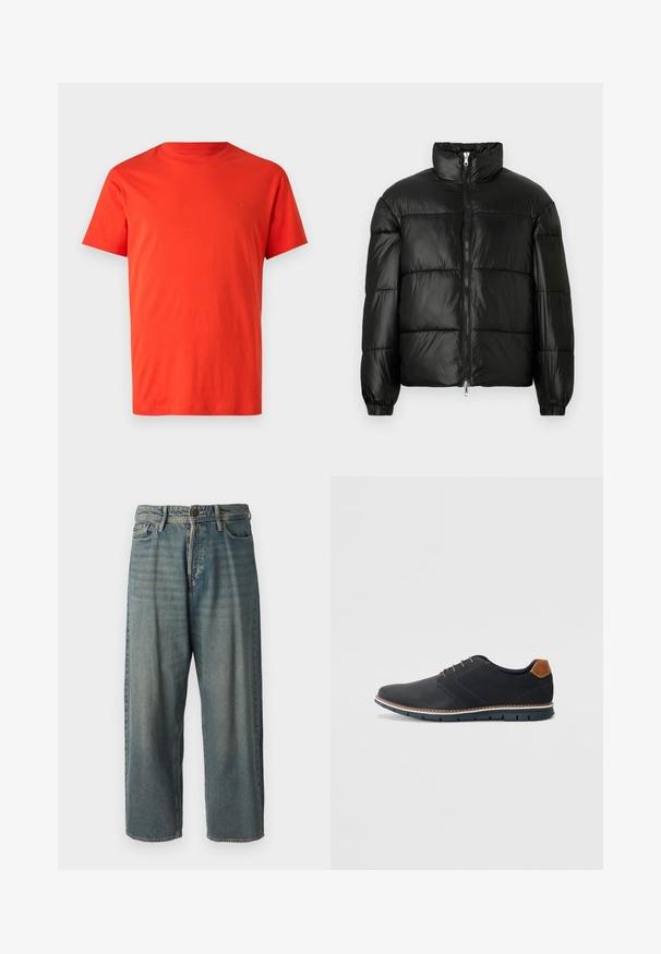 Juodas pūkinis švarkas su aukštu apykakle, užtrauktuko priekyje, siuvinėtu dizainu, elastingais rankogaliais ir blizgia, lygiąja audinio apdaila.; Raudona medvilninė marškinėliai su trumpomis rankovėmis, apvaliu kaklu ir toną sudarančia logotipo detalė kairiajame krūtinės pusėje. Lygus paviršius ir reguliaraus kirpimo.; Šviesiai mėlyni džinsai su laisvu siluetu, vidutinio aukščio juosmeniu ir tiesiomis kojomis. Su penkiais kišenėmis, diržo kilpo ir mygtukų uždarymu.; Juodi sintetiniai batai su tekstūruotu paviršiumi, lygiomis detalėmis, ruda kulna ir kontrastingu padu. Yra minimalus raištelių užsidėjimas ir siuvimo detalės.