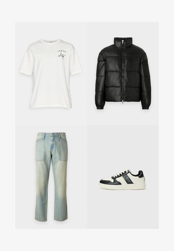 Μαύρο μπουφάν με φουσκωτό σχέδιο, ψηλό γιακά, κλείσιμο με φερμουάρ μπροστά, ραφές τύπου καπιτονέ, ελαστικές μανσέτες και γυαλιστερή, λεία υφή.; Λευκό βαμβακερό μπλουζάκι με κοντά μανίκια, featuring μια μαύρη γραφιστική του γερανού και το κείμενο "ΙΑΠΩΝΙΑ" σε καμπύλη γραμματοσειρά στην αριστερή περιοχή του στήθους.; Ανοιχτού μπλε τζιν παντελόνι με ίσια γραμμή, εμφανή ραφή και δύο μεγάλες μπροστινές τσέπες. Το ύφασμα έχει ξεθωριασμένη υφή.; Δερμάτινα sneakers με μαύρο και κρεμ χρωματικό σχέδιο, με διάτρητες λεπτομέρειες, επενδεδυμένο κολάρο και υφή στη σόλα.