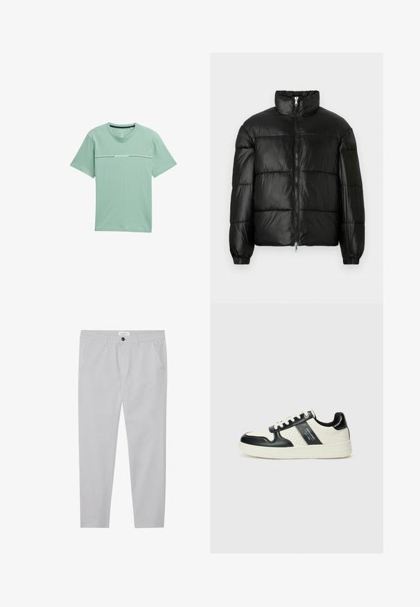 Melna pūkainā jaka ar augstu apkakli, rāvējslēdzēja priekšējo aizdari, quilted dizainu, elastīgām piedurknēm un spīdīgu, gludu auduma apdari.; Gaiši zaļš T-krekls, kas izgatavots no mīksta auduma, ar īsām piedurknēm un apaļu kakla izgriezumu. Vāji redzams logotips ir drukāts uz krūšu daļas.; Gai pelēki bikses, kas izgatavotas no mīksta auduma, ar šauru piegriezumu, divām priekšējām kabatām, pogu aizdari un smalku tekstūras detaļu.; Ādas sporta apavi ar melnbaltu krāsu shēmu, ar perforētiem akcentiem, mīkstinātu apkakli un teksturētu zoli.