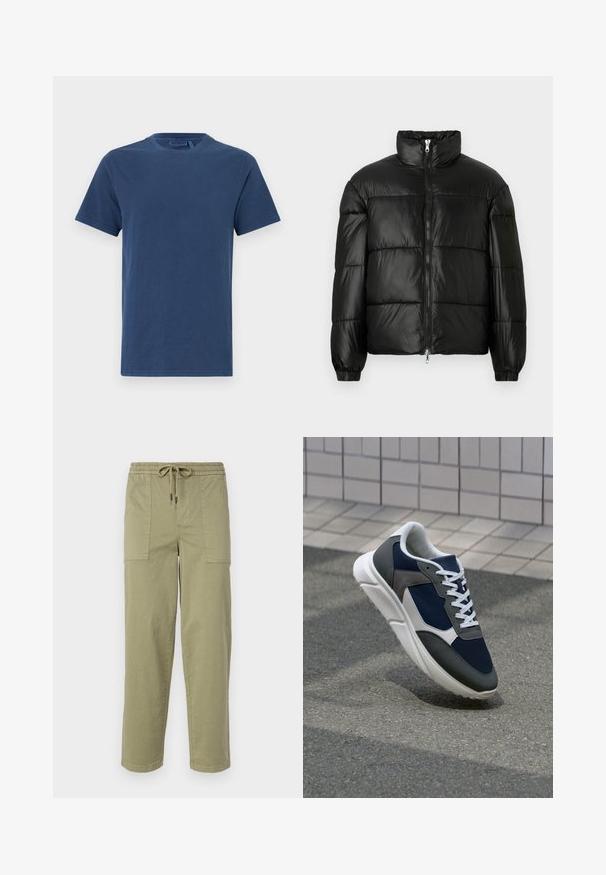 Crna puffer jakna s visokim ovratnikom, zatvaranjem na zip, quilted dizajnom, elastičnim manžetama i sjajnim, glatkim materijalom.; Tamno plava pamučna majica s okruglim izrezom, kratkim rukavima i ravnim krojem. Glatka tekstura, bez vidljivih uzoraka ili ukrasa.; Svijetlo maslinasto zelene hlače od mješavine pamuka, sa elastičnom strukom i vezicom, te dva velika bočna džepa.; Tenisice s gornjim dijelom od mrežastog materijala tamnoplave boje, siva antilopova naglašavanja, bijela gumena potplat i ravne bijele vezice, dizajnirane za udobnost i prozračnost.