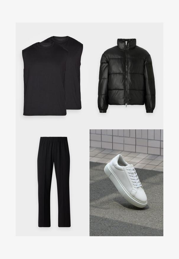Giacca a vento nera con colletto alto, chiusura frontale con zip, design trapuntato, polsini elasticizzati e finitura in tessuto lucido e liscio.; Magliette senza maniche nere esposte in coppia, realizzate in tessuto morbido. Scollatura rotonda e bordi puliti senza motivi visibili o accessori.; Pantaloni neri con vita elasticizzata e design a gamba dritta, caratterizzati da una texture liscia e senza motivi o hardware visibili.; Sneaker bianco in pelle con superficie liscia, punta rotonda e lacci piatti bianchi. Presenta una suola in gomma texturizzata e un design minimale.