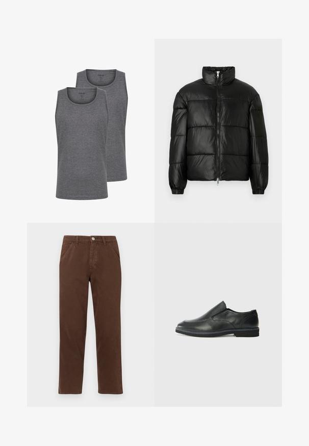 Svart pufferjakke med høy krage, glidelås foran, quiltet design, elastiske mansjetter og blank, glatt stofffinish.; To grå tank topper laget av myk bomullsblanding. Har en rund halslinje og uten ermer design. Glatt tekstur og vanlig passform.; Brune bomullsbukser med rett ben, frontlommer og metallknapplukking. Har en jevn tekstur og minimalt design.; Sorte skinn slip-on sko med en jevn overflate, stikking detaljer, rund tå og en lav gummihæl. Sålen har minimal mønstring.