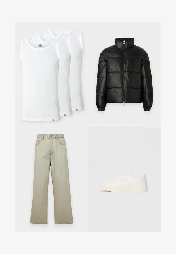 Black puffer jacket with a high collar, zip front closure, quilted design, elastic cuffs, and shiny, smooth fabric finish.; Three white tank tops made of ribbed cotton. Each has a round neckline and a small logo tag at the hem. Classic, simple design.; Light blue wide-leg jeans made of denim with a faded finish. Features five pockets and a front button closure.; White slip-on sneakers with a textured surface, a thick sole, and minimalistic design. Features brand logo on the side.