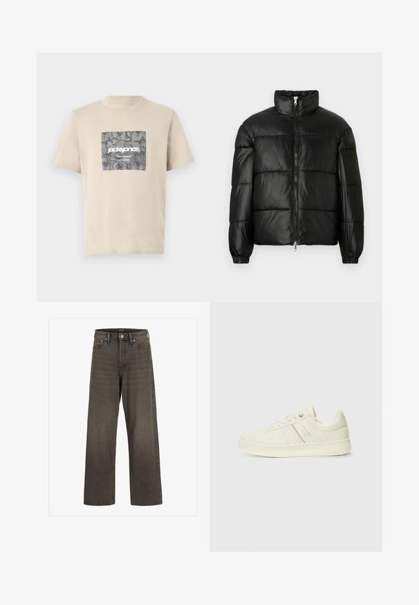 Black puffer jacket with a high collar, zip front closure, quilted design, elastic cuffs, and shiny, smooth fabric finish.; Beige cotton t-shirt featuring a gray camouflage square graphic with "jack&jones" and "CORE NINE ZERO" text. Round neckline and short sleeves.; Wide-leg jeans in dark grey denim, featuring a high waist, classic five-pocket design, and contrasting stitching along the seams.; Cream-colored sneaker with perforated detailing, laces, and logo on the side, displayed against a plain white background.
