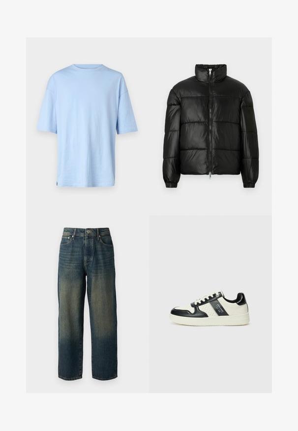 Mustat puffer-takki korkealla kauluksella, vetoketjukiinnitys edessä, tikattu malli, joustavat hihansuut ja kiiltävä, sileä kangasviimeistely.; Vaaleansininen lyhythihainen t-paita, joka on valmistettu pehmeästä puuvillasta. Korostaa pyöreää pääntietä ja rentoa leikkausta. Ei näkyviä kuvioita tai koristeita.; Sininen farkkuhousut suoran leikkauksen kanssa, joissa on haalistunut muotoilu, vaaleammat sävyt helman suuntaan, viisi taskua ja nappisuljenta.; Nahkakengät musta-kerma värimaailmassa, joissa on rei'itetyt yksityiskohdat, pehmustettu nilkkaosa ja teksturoitu pohja.