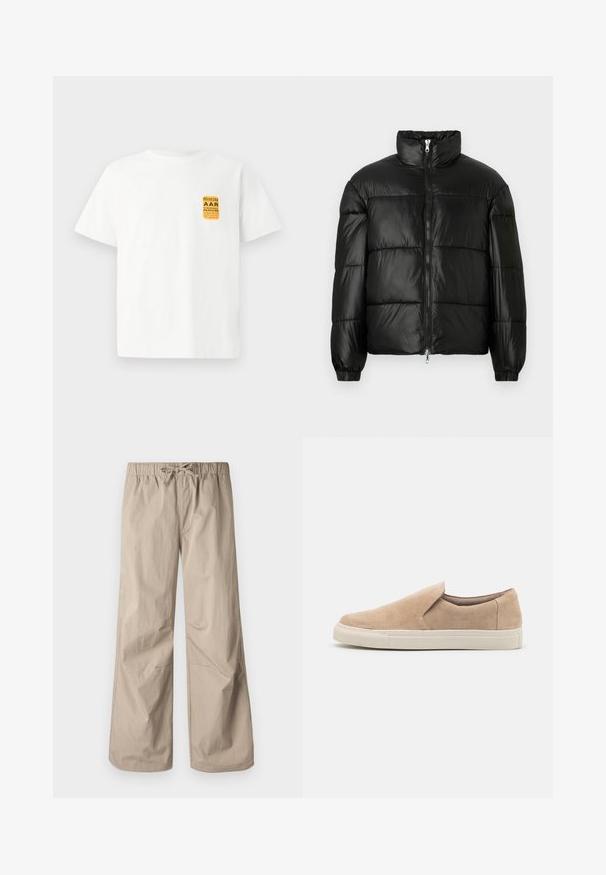 Mustat puffer-takki korkealla kauluksella, vetoketjukiinnitys edessä, tikattu malli, joustavat hihansuut ja kiiltävä, sileä kangasviimeistely.; Valkoinen puuvillainen t-paita lyhyillä hihoilla, jossa on keltainen ja musta graafinen kuvio vasemmassa yläkulmassa.; Kermanväriset leveät housut, joissa on joustava vyötärö ja naru. Sujuva tekstuuri, kaksi sivutaskua ja minimaalinen sauma rentoa istuvuutta varten.; Beige liukos batai, pagaminti iš zomšos, su apvaliu pirštu, elastine šone ir balta guma apatine dalimi su tekstūruotais akcentais.