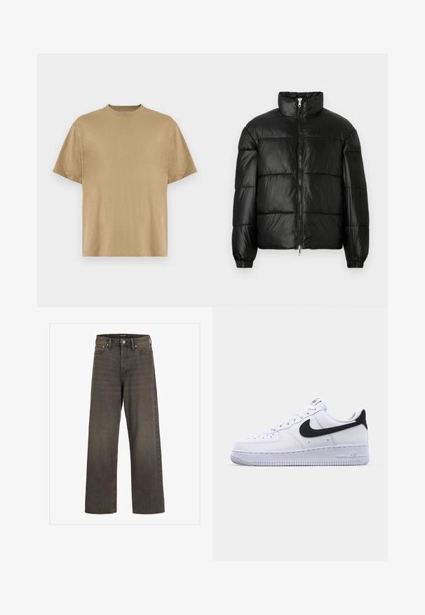 Svart pufferjakke med høy krage, glidelås foran, quiltet design, elastiske mansjetter og blank, glatt stofffinish.; Khaki kortermet T-skjorte laget av mykt stoff, med rund hals og en avslappet passform. Ingen mønstre eller grafikk er synlige.; Videbukser i mørkegrå denim, med høj talje, klassisk fem-lomme design og kontrasterende syninger langs sømmene.; Hvit lær sneakers med en teksturert svart Swoosh, flate lisser og en gummisåle med et rillemønster. "AIR" er preget på hælen.