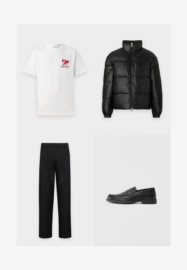 Black puffer jacket with a high collar, zip front closure, quilted design, elastic cuffs, and shiny, smooth fabric finish.; White cotton t-shirt featuring a red cowboy and horse graphic on the left chest with "RODEO DAYS" text beneath the design.; Black trousers made of smooth fabric, featuring a straight-leg design, two front pleats, and standard waistband with belt loops.; Black leather loafers with a smooth finish, moccasin-style upper, stitched detailing, and a rubber sole. Classic design with a low heel.