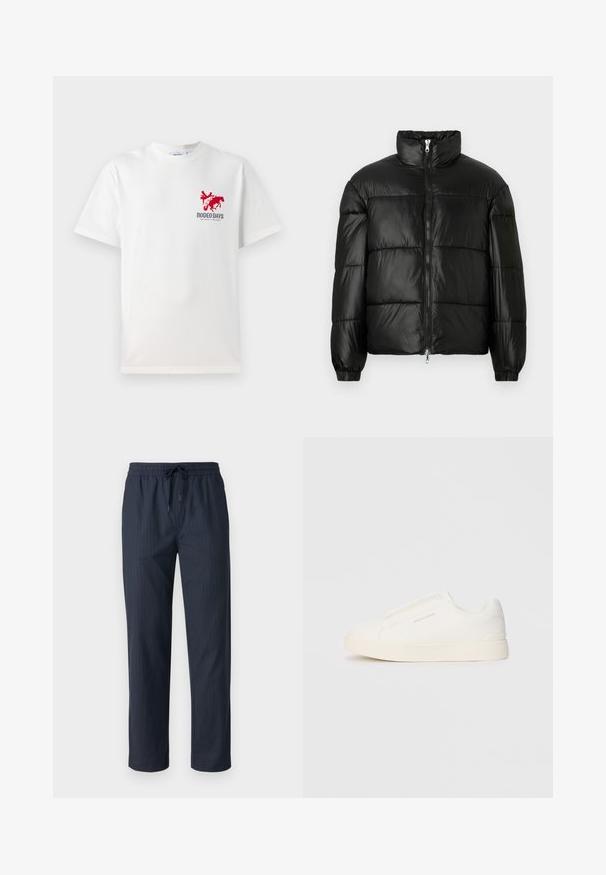 Zwarte pufferjack met een hoge kraag, ritsvoorzijde, gestikt ontwerp, elastische manchetten en een glanzende, gladde stofafwerking.; Witte katoenen t-shirt met een rode cowboy en paard graphic op de linkerborst met daaronder de tekst "RODEO DAYS".; Only & Sons ONSSINUS LOOSE FIT - Broek - dark navy; Witte instap sneakers met een gestructureerd oppervlak, een dikke zool en een minimalistisch ontwerp. Bevat het merklogo aan de zijkant.
