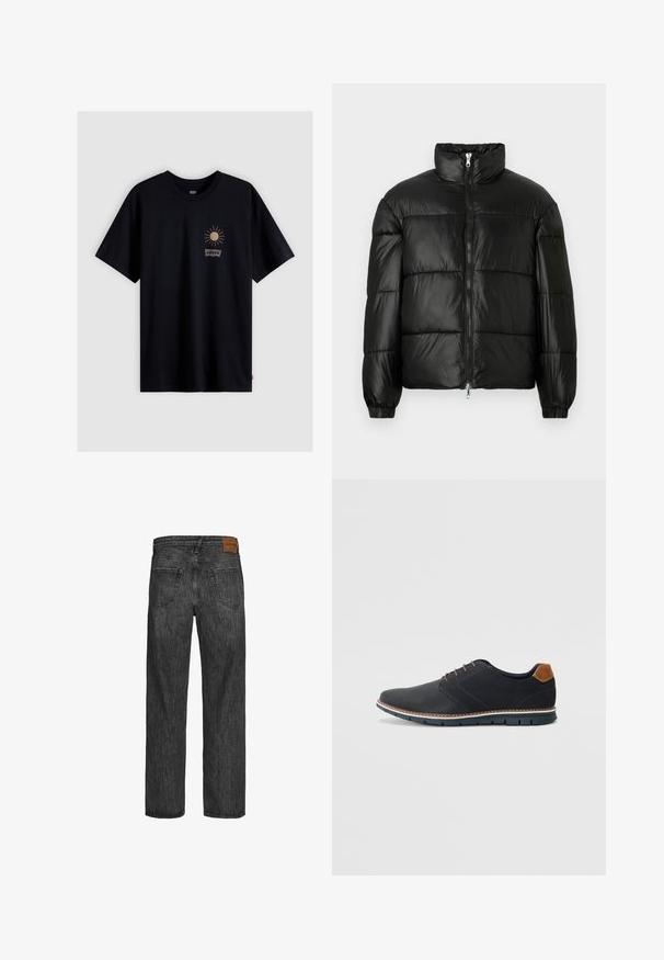 Svart pufferjakke med høy krage, glidelås foran, quiltet design, elastiske mansjetter og blank, glatt stofffinish.; Svart bomull T-skjorte med et lite gull solgrafikk og Levi's-logoen i hvitt. Klassisk crew neckline og korte ermer. Enkelt design.; Svarte denimjeans med design med rette ben, fem lommer og en brun lærpatch i midjen. Strukturert stoff med stikking detaljer.; Sorte syntetiske sko med en teksturert overdel, glatte detaljer, brun hæl og en kontrastfarge på sålen. Har minimalt snøring og sømdetaljer.