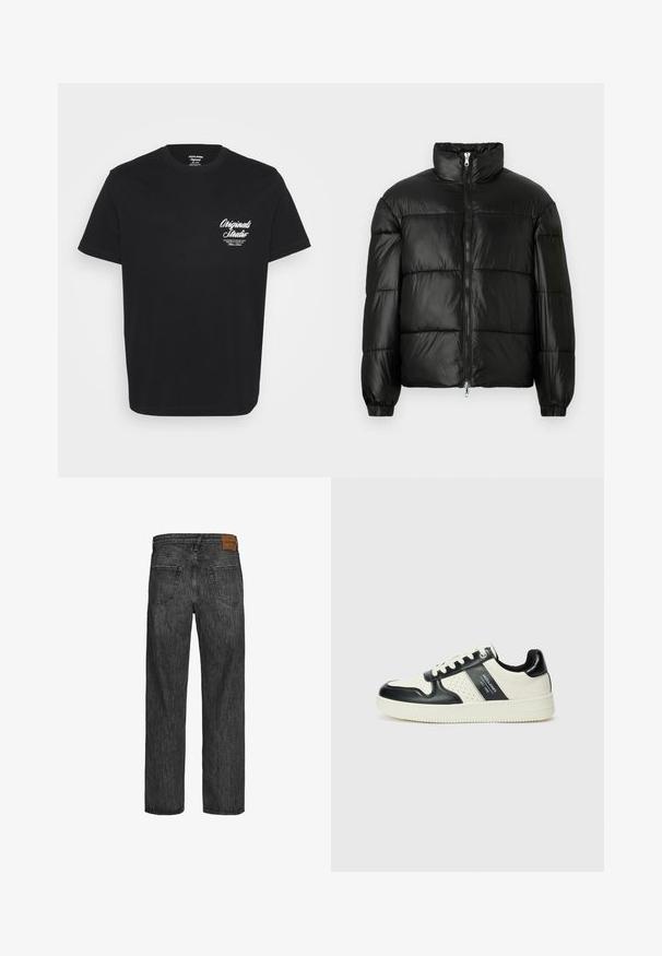 Czarna kurtka puchowa z wysokim kołnierzem, zapięciem na zamek błyskawiczny z przodu, pikowanym wzorem, elastycznymi mankietami oraz błyszczącym, gładkim wykończeniem materiału.; Czarna bawełniana koszulka z krótkim rękawem, okrągłym dekoltem i białym nadrukiem na lewej piersi. Prosty design bez dodatkowych wzorów.; Czarne dżinsy denimowe o prostym kroju, styl pięciu kieszeni oraz brązowa skórzana łatka przy pasie. Teksturowana tkanina z detalami przeszycia.; Skórzane sneakersy w czarno-kremowym schemacie kolorystycznym, z perforowanymi akcentami, wyściełanym kołnierzem i teksturowaną podeszwą.