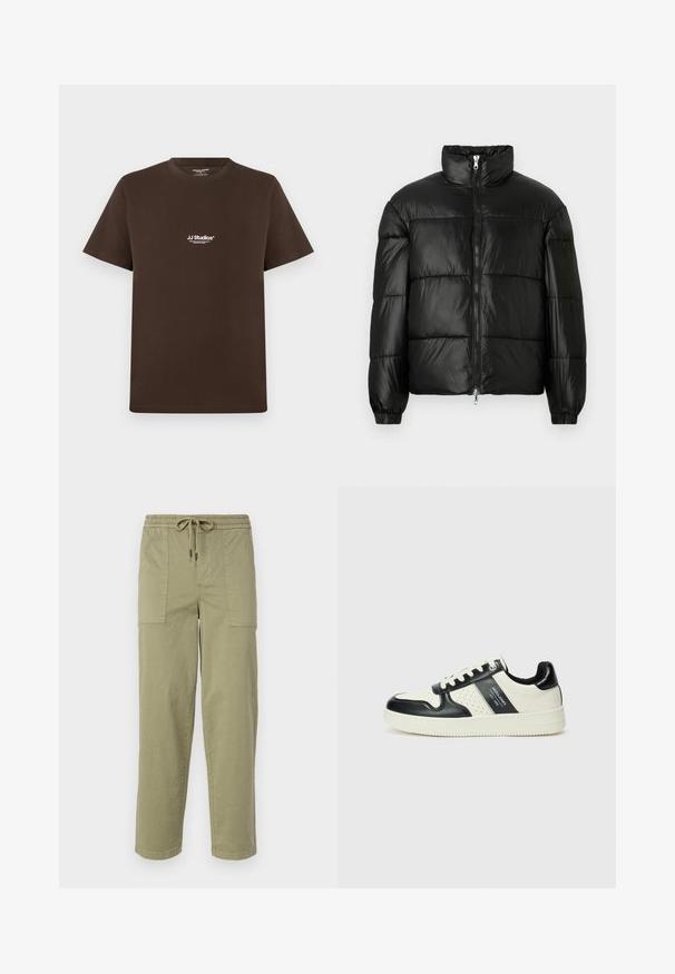 Casaco puffer preto com gola alta, fecho frontal em zíper, design acolchoado, punhos elásticos e acabamento de tecido brilhante e suave.; T-shirt de algodão castanho com mangas curtas, gola redonda e um pequeno logótipo branco no peito. Textura suave e ajuste regular.; Calças verde-oliva claras feitas de um tecido de algodão misto, com um cós elástico com cordão e dois bolsos laterais grandes.; Ténis de couro com um esquema de cores em preto e creme, apresentando detalhes perfurados, um colarinho acolchoado e uma sola texturizada.