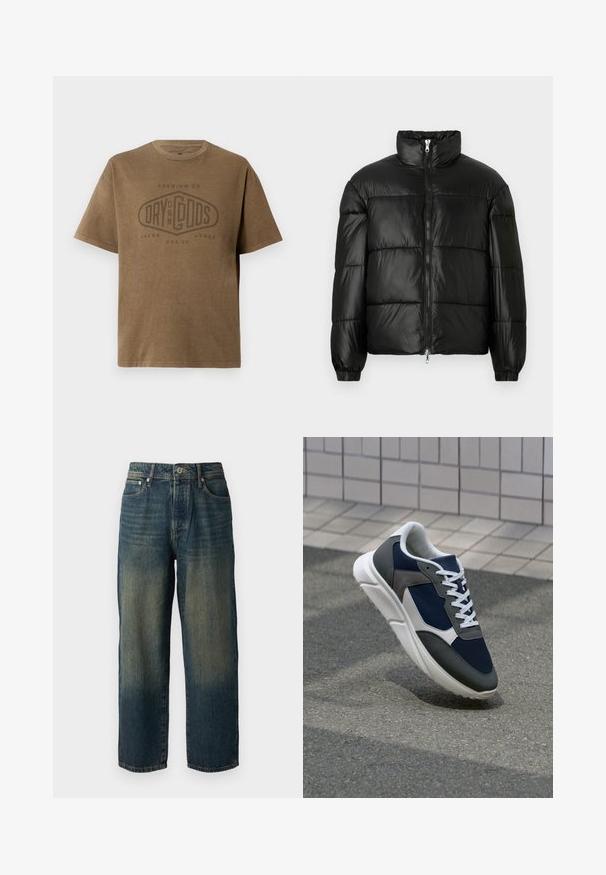 Casaco puffer preto com gola alta, fecho frontal em zíper, design acolchoado, punhos elásticos e acabamento de tecido brilhante e suave.; T-shirt castanho de manga curta com gola redonda e texto de logotipo desbotado "Premium Co. Dry On My Gods Jack & Jones Est. 90" impresso na frente.; Calças de ganga azul com corte reto, apresentando um design desbotado com tons mais claros em direção à bainha, cinco bolsos e fecho com botão.; Sapatilha com parte superior em malha azul-marinho, detalhes em camurça cinza, sola de borracha branca e atacadores brancos planos, projetada para conforto e respirabilidade.