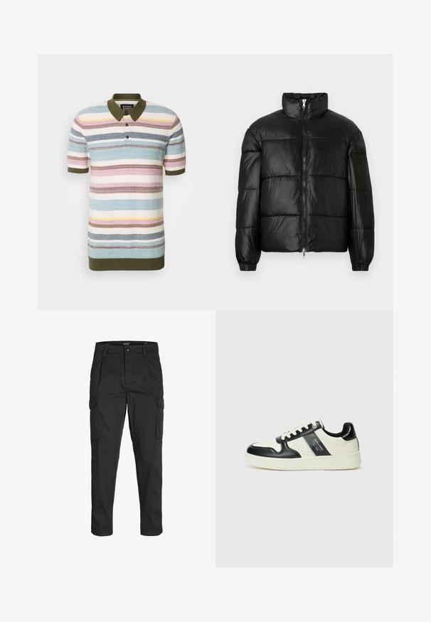 Black puffer jacket with a high collar, zip front closure, quilted design, elastic cuffs, and shiny, smooth fabric finish.; Scotch & Soda STRUCTURE - Polo shirt - multi-coloured; Black cargo pants made of sturdy fabric, featuring multiple pockets, a button closure, and a slim fit design with tapered legs.; Leather sneakers with a black and cream color scheme, featuring perforated accents, a padded collar, and a textured outsole.