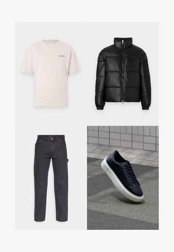 Crna puffer jakna s visokim ovratnikom, zatvaranjem na zip, quilted dizajnom, elastičnim manžetama i sjajnim, glatkim materijalom.; Svijetlosmeđa pamučna majica s kratkim rukavima i okruglim izrezom, s malim crnim logotipom "Club1990" na lijevoj strani prsnog dijela.; Tamno sivi cargo hlače od izdržljivog materijala, s ravnim krojem, pet džepova i kopčanjem na dugme u struku.; Crne kožne tenisice s zaobljenim vrhom i bijelim gumiranim potplatom. Imaju ravne vezice i minimalno šivanje na gornjem dijelu. Teksturirani potplat za bolje prianjanje.