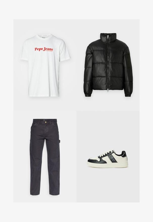 Melna pūkainā jaka ar augstu apkakli, rāvējslēdzēja priekšējo aizdari, quilted dizainu, elastīgām piedurknēm un spīdīgu, gludu auduma apdari.; Balta kokvilnas T-krekls ar sarkanu "Pepe Jeans" logo tekstu. Īsas piedurknes un apaļa kakla izgriezums, standarta piegriezums un nav redzamu rakstu.; Tumši pelēki kravas bikses, kas izgatavotas no izturīga auduma, ar taisnu piegriezumu, piecām kabatām un pogu aizdari viduklī.; Ādas sporta apavi ar melnbaltu krāsu shēmu, ar perforētiem akcentiem, mīkstinātu apkakli un teksturētu zoli.