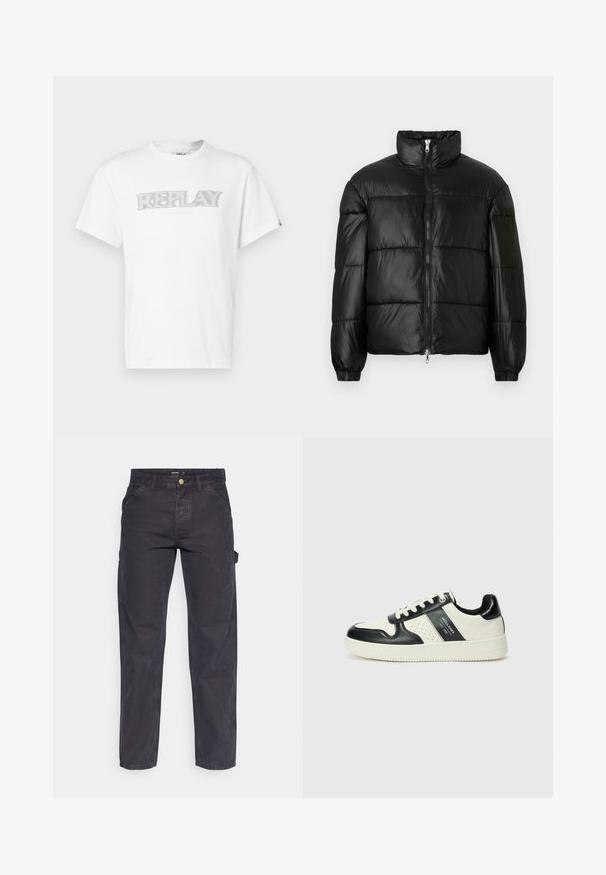 Chaqueta de pluma negra con un cuello alto, cierre frontal con cremallera, diseño acolchado, puños elásticos y acabado de tela brillante y suave.; Camiseta de algodón blanca con un llamativo gráfico en gris "REPLAY" en la parte delantera, mangas cortas y cuello redondo. Textura suave y corte regular.; Pantalones cargo de color gris oscuro, confeccionados con un tejido duradero, que presentan un corte recto, cinco bolsillos y un cierre de botón en la cintura.; Zapatillas de cuero con un esquema de colores negro y crema, que cuentan con acentos perforados, un collar acolchado y una suela texturizada.