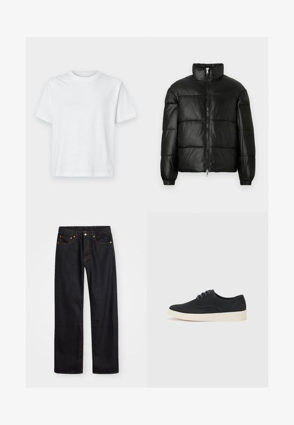 Must mustaga jakker, millel on kõrge krae, luku esikinnitus, tikanditud disain, elastsed mansetid ja läikiv, sile kangast viimistlus.; Valge puuvillane t-särk lühikeste varrukatega, ümmargune kaelus ja minimalismi esteetika järgivad teksti detail esiküljel. Sujuv tekstuur, lõdvem sobivus.; Meeste sirge jala mustad denim teksad viie taskuga, oranž õmblus, nupu ja tõmblukuga ees nagu vöökoht.; Must musta lakkidega kingad, ümarate varvastega, kerge kreemivärvi tallaga ning peene sinise õmblusega pealispinnal.