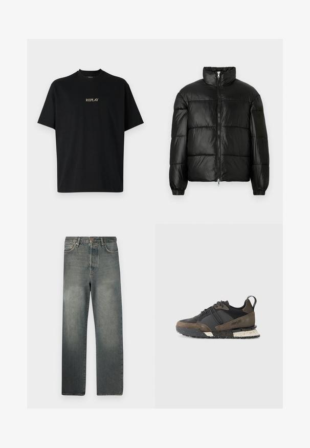Black puffer jacket with a high collar, zip front closure, quilted design, elastic cuffs, and shiny, smooth fabric finish.; Black short-sleeve t-shirt made of cotton, featuring a round neckline and a gold "REPLAY" logo printed on the front.; Jack & Jones JJIALEX JJCOOPER - Baggy Jeans - black denim; Replay FIELD JUPITER CRAFT - Trainers - black/dark grey