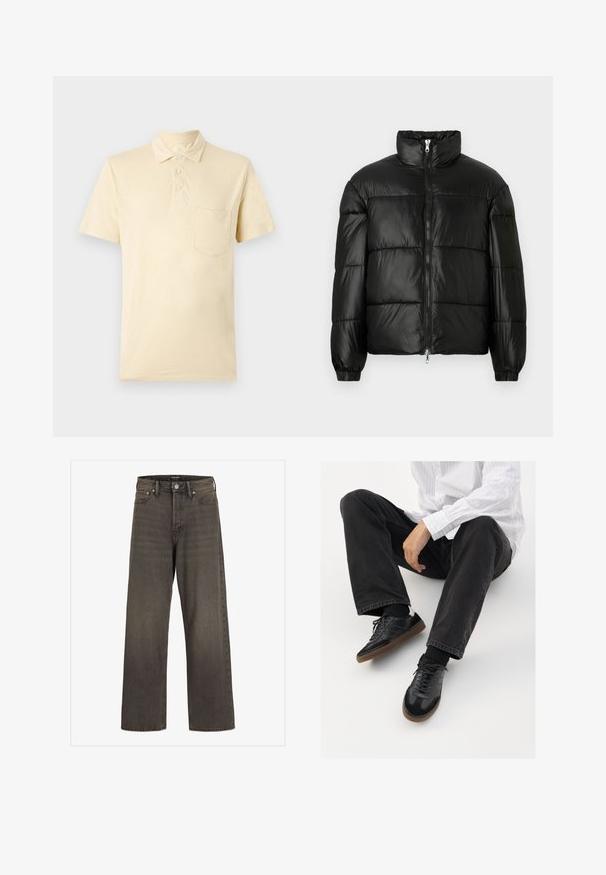 Svart pufferjakke med høy krage, glidelås foran, quiltet design, elastiske mansjetter og blank, glatt stofffinish.; Lys gul kortermet polo skjorte med krage, fire knappestolper og lomme på venstre bryst. Strukturelt stoff med en subtil glans.; Videbukser i mørkegrå denim, med høj talje, klassisk fem-lomme design og kontrasterende syninger langs sømmene.; Svarte joggesko med en glatt og teksturert overflate, med gummisåle og mørke snører. Kombinert med svarte jeans og en hvit stripet skjorte.