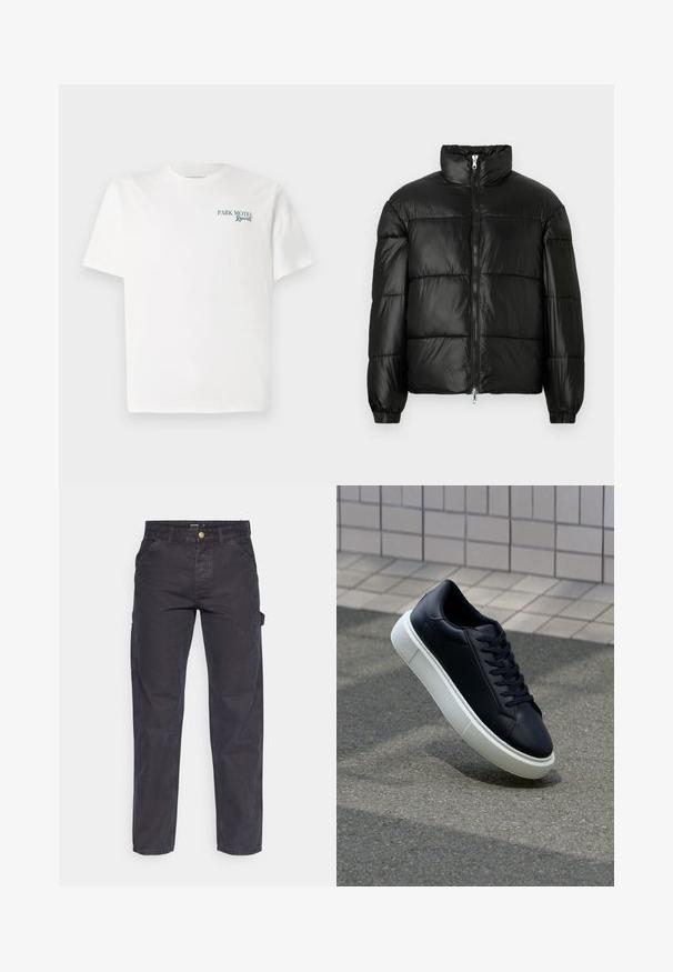Schwarze Daunenjacke mit hohem Kragen, Reißverschluss vorne, gestepptem Design, elastischen Bündchen und glänzendem, glattem Stofffinish.; Weißes Baumwoll-T-Shirt mit Rundhalsausschnitt. Auf der Vorderseite steht in grüner Schrift: "PARK MOTEL Resort." Es hat kurze Ärmel und eine lockere Passform. Glatte Textur.; Dunkelgraue Cargo-Hosen aus strapazierfähigem Stoff, mit geradem Bein, fünf Taschen und einem Knopfverschluss an der Taille.; Schwarze Leder-Sneaker mit runder Zehenpartie und weißer Gummisohle. Verfügt über flache Schnürsenkel und minimale Nähte im Obermaterial. Strukturiertes Sohlenprofil für besseren Halt.