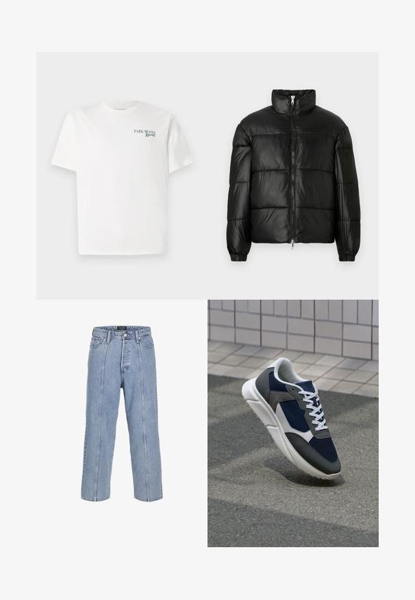 Zwarte pufferjack met een hoge kraag, ritsvoorzijde, gestikt ontwerp, elastische manchetten en een glanzende, gladde stofafwerking.; Witte katoenen t-shirt met een ronde hals. Aan de voorkant staat groene tekst: "PARK MOTEL Resort." Korte mouwen en een relaxte pasvorm. Soepele textuur.; Lichtblauwe denim jeans met een losse pasvorm, wijde benen en zichtbare stiksels. Voorzien van een knoop- en ritsluiting, vijf zakken.; Sneaker met een marineblauwe mesh bovenwerk, grijze suède accenten, witte rubberen zool en platte witte veters, ontworpen voor comfort en ademend vermogen.