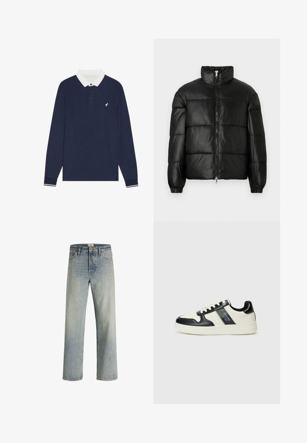 Schwarze Daunenjacke mit hohem Kragen, Reißverschluss vorne, gestepptem Design, elastischen Bündchen und glänzendem, glattem Stofffinish.; Navyblaues Langarm-Polo-Shirt mit einem weißen Kragen, einer Drei-Knopf-Leiste und gesticktem Logo. Mit gestreiften Bündchen in Weiß und Navy.; Helle blaue Jeans mit einem schnittigen, geraden Bein, hoher Taille und subtiler Ausbleichung. Verfügt über fünf Taschen und einen klassischen Knopfverschluss.; Leder-Sneaker in Schwarz- und Cremetönen, mit perforierten Akzenten, einem gepolsterten Kragen und einer strukturierten Laufsohle.