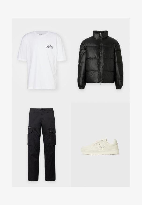 Melna pūkainā jaka ar augstu apkakli, rāvējslēdzēja priekšējo aizdari, quilted dizainu, elastīgām piedurknēm un spīdīgu, gludu auduma apdari.; Balts kokvilnas T-krekls ar īsām piedurknēm un apaļu kakla izgriezumu. Uz kreisā krūšu laukuma ir melna kursīva teksta uzraksts "Inferno". Gluda tekstūra.; Melnas cargo bikses ar vairākiem kabatām, ar rāvējslēdzēju kabatu uz augšstilba, taisnu piegriezumu un izturīgu kokvilnas audumu ar vieglu spīdumu.; Krēmbaltie sporta apavi ar perforētu detaļām, auklām un logotipu sānos, attēloti uz vienkārša baltā fona.