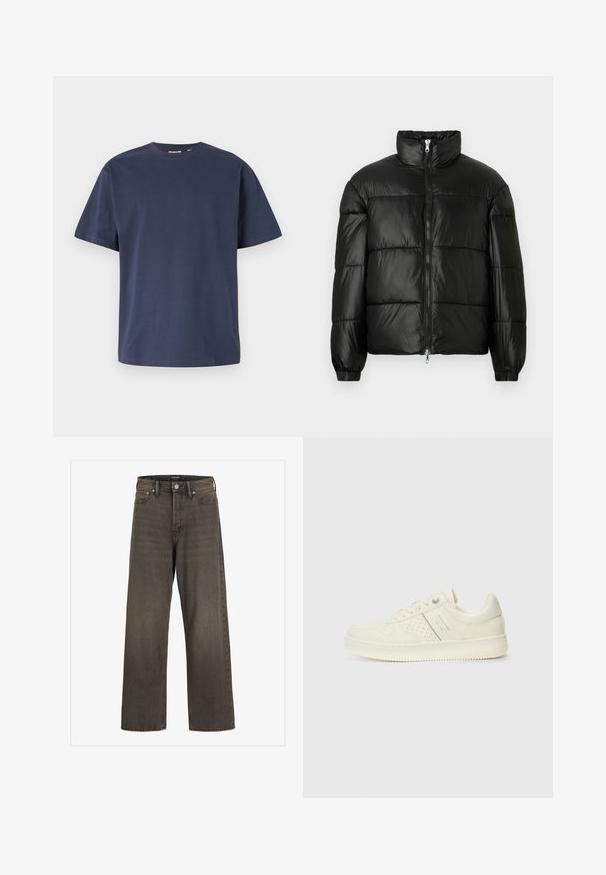 Casaco puffer preto com gola alta, fecho frontal em zíper, design acolchoado, punhos elásticos e acabamento de tecido brilhante e suave.; T-shirt de algodão azul-marinho com gola redonda e mangas curtas. Textura suave, corte reto e costuras mínimas, proporcionando um design clássico.; Jeans de perna larga em denim cinza escuro, com cintura alta, design clássico de cinco bolsos e costura em contraste ao longo das costuras.; Sapatilha de cor creme com detalhes perfurados, atacadores e logotipo na lateral, apresentada contra um fundo branco liso.