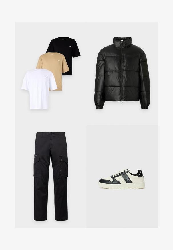 Schwarze Daunenjacke mit hohem Kragen, Reißverschluss vorne, gestepptem Design, elastischen Bündchen und glänzendem, glattem Stofffinish.; Drei T-Shirts mit kurzen Ärmeln gestapelt: weiß, beige und schwarz. Jedes hat einen Rundhalsausschnitt und ein kleines Logo auf der linken Brust. Aus Baumwollmaterial.; Schwarze Cargo-Hosen mit mehreren Taschen, einer Reißverschlusstasche am Oberschenkel, geradem Schnitt und strapazierfähigem Baumwollstoff mit leichtem Glanz.; Leder-Sneaker in Schwarz- und Cremetönen, mit perforierten Akzenten, einem gepolsterten Kragen und einer strukturierten Laufsohle.