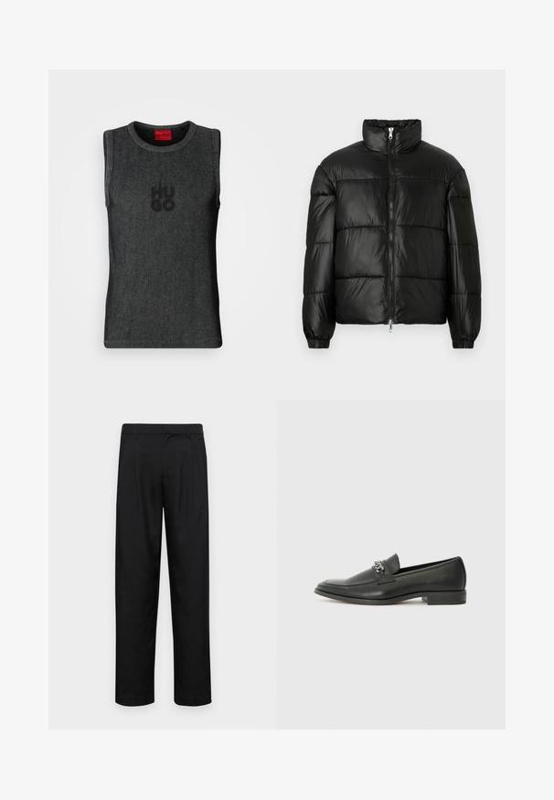 Svart pufferjakke med høy krage, glidelås foran, quiltet design, elastiske mansjetter og blank, glatt stofffinish.; Svart ermeløs topp laget av ribbestrikket stoff, med rund halsutskjæring og en svak logo på forsiden. Rød etikett på innsiden av halsen.; Sorte bukser laget av glatt stoff, med rette ben, to frontfoldninger og standard liv med beltehemper.; Sorte skinnloafers med en glatt finish, og med en sydd design og en dekorativ metallkjedeakcent over foten. Flat hæl.