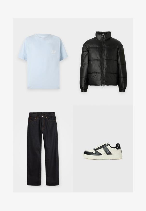 Schwarze Daunenjacke mit hohem Kragen, Reißverschluss vorne, gestepptem Design, elastischen Bündchen und glänzendem, glattem Stofffinish.; Helles blaues T-Shirt aus Baumwolle, mit Rundhalsausschnitt, kurzen Ärmeln und einem kleinen weißen Logo auf der Brust, mit einer glatten Textur.; Herren gerade geschnittene schwarze Jeans aus Denim mit fünf Taschen und orangefarbenen Nähten, Knopf- und Reißverschluss vorne am Bund.; Leder-Sneaker in Schwarz- und Cremetönen, mit perforierten Akzenten, einem gepolsterten Kragen und einer strukturierten Laufsohle.