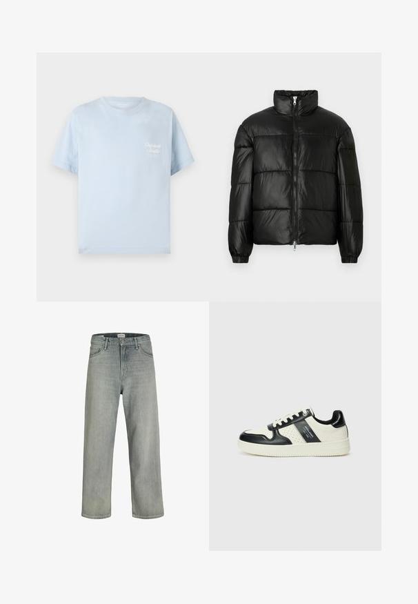 Black puffer jacket with a high collar, zip front closure, quilted design, elastic cuffs, and shiny, smooth fabric finish.; Light blue t-shirt made of cotton, featuring a crew neckline, short sleeves, and a small white logo on the chest, with a smooth texture.; Light gray, loose-fitting jeans made of denim. Features a classic five-pocket design, belt loops, and a straight leg silhouette.; Leather sneakers with a black and cream color scheme, featuring perforated accents, a padded collar, and a textured outsole.