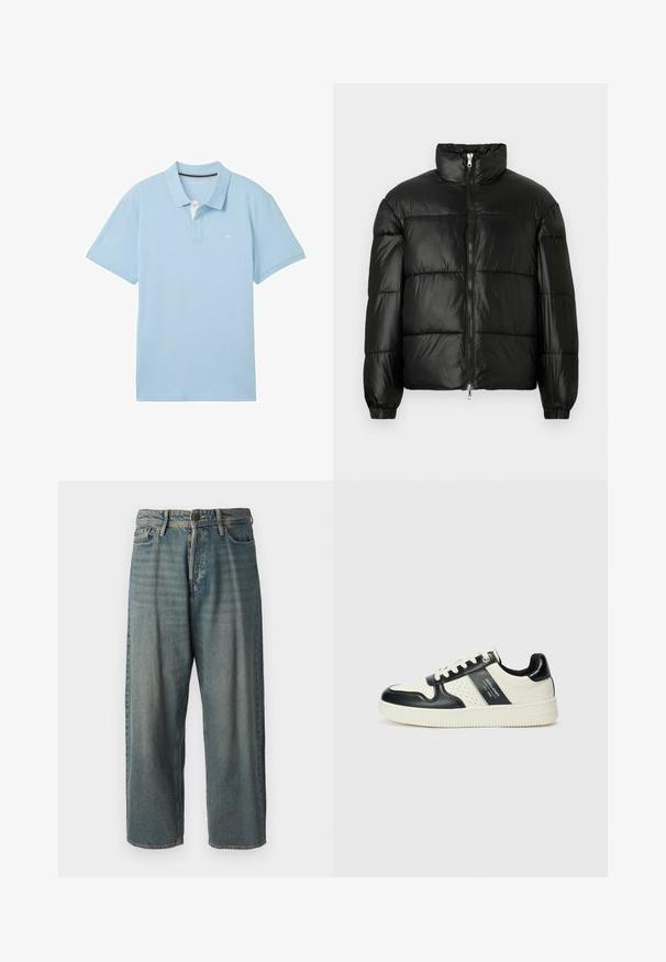 Černá péřová bunda s vysokým límcem, zapínáním na zip, prošívaným designem, elastickými manžetami a lesklým, hladkým povrchem.; Světle modré polo tričko vyrobené z hladké tkaniny. Obsahuje klasický límec, krátké rukávy a malé logo na levé hrudi.; Světle modré denimové džíny s volným střihem, středně vysokým pasem a rovnými nohavicemi. Obsahují pět kapes, poutka na opasek a zapínání na knoflík.; Kožené tenisky s černobílou barevnou kombinací, které mají perforované detaily, polstrovaný límec a texturovanou podrážku.