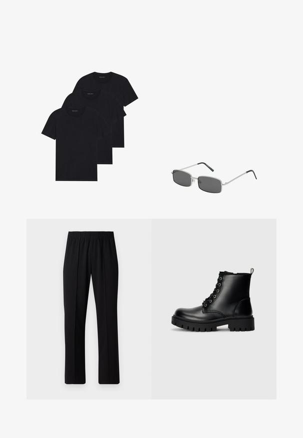 Chaqueta de pluma negra con un cuello alto, cierre frontal con cremallera, diseño acolchado, puños elásticos y acabado de tela brillante y suave.; Tres camisetas de algodón negras con cuello redondo, mangas cortas y un diseño simple. Cada camiseta presenta un logo visible cerca del escote.; Pantalones negros con cintura elástica y diseño de pierna recta, con una textura suave y sin patrones o herrajes visibles.; Botas de tobillo de cuero negro con puntera redonda, diseño de cordones y suela gruesa y resistente. Presentan una lengüeta en el talón y herrajes plateados.; Gafas de sol en forma rectangular con lentes gris oscuro, fina montura de metal plateado y puntas de templo recubiertas de goma negra. Diseño minimalista.