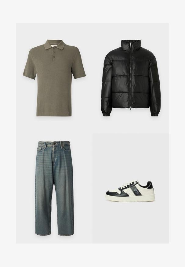 Fekete puffernadrág magas gallérral, cipzáras elülső záródással, steppelt kialakítással, elasztikus mandzsettákkal és fényes, sima szövetfelülettel.; Olívazöld, rövid ujjú polo póló, texturált kötött anyagból készült. Klasszikus gallérral és háromgombos légpánttal rendelkezik, bordázott aljjal.; Világoskék farmernadrág, laza fazonnal, közepes derékbőséggel és egyenes szárral. Öt zsebet, övbucskát és gombos záródást tartalmaz.; Fekete és krém színű bőrsneaker, perforált díszítésekkel, párnázott bokapánttal és texturált talppal.