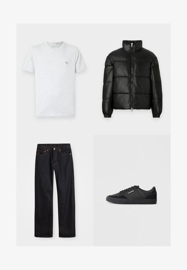 Zwarte pufferjack met een hoge kraag, ritsvoorzijde, gestikt ontwerp, elastische manchetten en een glanzende, gladde stofafwerking.; Lichtgrijze t-shirt van zachte katoen, met een ronde hals en korte mouwen. Klein groen dierenlogo op de bovenste linkerborst.; Heren straight-leg zwarte denim jeans met vijf zakken en oranje stiksels, knoop- en ritssluiting op de voorkant van de tailleband.; Zwarte sneakers met een mix van leren en suède materialen, voorzien van ronde veters, een gestructureerde rubberen zool en een merklLogo aan de zijkant.