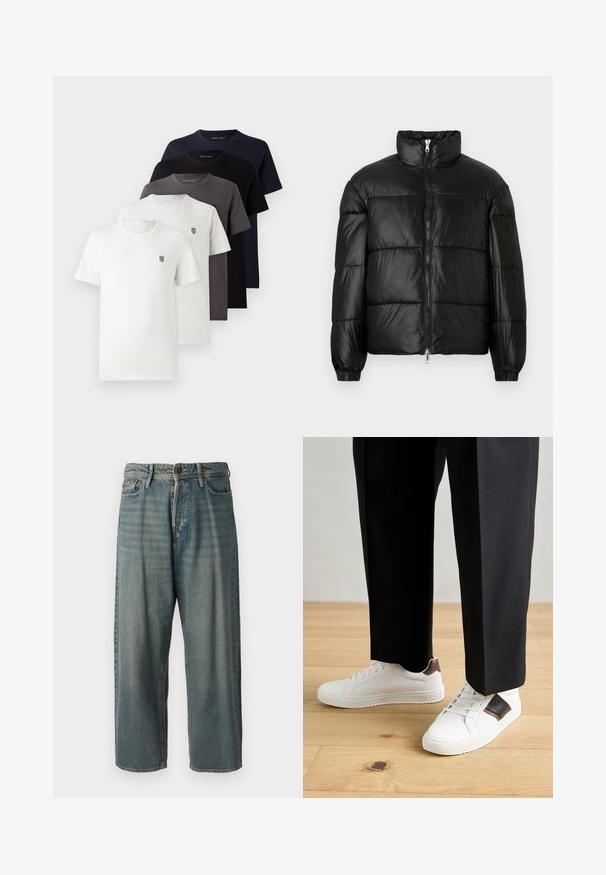Must mustaga jakker, millel on kõrge krae, luku esikinnitus, tikanditud disain, elastsed mansetid ja läikiv, sile kangast viimistlus.; Viis lühikeste varrukatega puuvillast t-särki valges, heles hallis, tumedas hallis, tumesinises ja mustas värvitoonis, millel on rinnal väike logo.; Heledad sinine denim-stiilis teksad, volüümse lõike, keskmise kõrgusega talje ja sirgete säärega. Omab viit taskut, vöökumme ja nööpide sulgemist.; Valged sneakersid siledat tekstuurist, millel on pruunad nahast detailid ja mustad aksessuaarid, millele on sobitatud mustad kohandatud püksid. Puitpõranda taust.