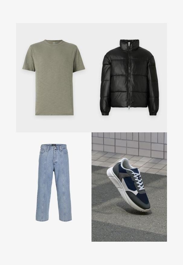 Černá péřová bunda s vysokým límcem, zapínáním na zip, prošívaným designem, elastickými manžetami a lesklým, hladkým povrchem.; Olivově zelené bavlněné tričko s kulatým výstřihem, krátkými rukávy a měkkou, hladkou texturou. Hladký design bez vzorů nebo akcentů.; Světle modré džíny z denimu s volným střihem, širokými nohavicemi a viditelnými švy. Obsahují zapínání na knoflík a zip, pět kapes.; Tenisky s horní částí z námornicky modré síťoviny, šedými semišovými akcenty, bílou gumovou podrážkou a plochými bílými tkaničkami, navržené pro pohodlí a prodyšnost.