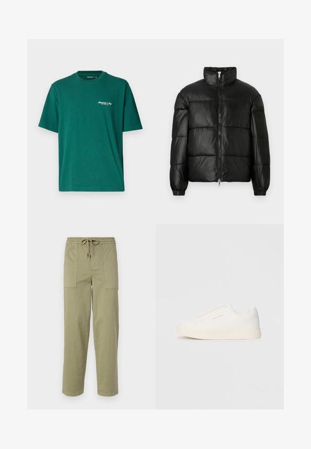 Juodas pūkinis švarkas su aukštu apykakle, užtrauktuko priekyje, siuvinėtu dizainu, elastingais rankogaliais ir blizgia, lygiąja audinio apdaila.; Abercrombie & Fitch Premium Polished Micro-Logo Tee - Paprasti marškinėliai - rainforest; Šviesiai alyvuogių žalios spalvos kelnės, pagamintos iš medvilnės mišinio, su elastingu liemeniu ir raišteliu, bei dviem didelėmis šoninėmis kišenėmis.; Baltos slip-on sportbačiai su tekstūruota paviršiumi, storesniu padu ir minimalistišku dizainu. Šone matosi prekės ženklo logotipas.