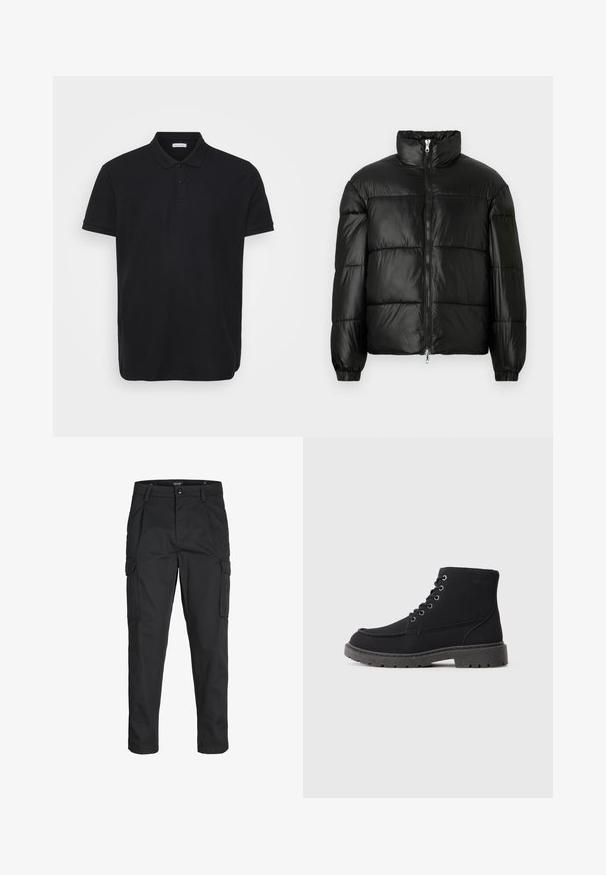 Čierna páperová bunda s vysokým golierom, predným zipsom, prešívaným dizajnom, elastickými manžetami a lesklým hladkým materiálom.; Čierna polo košeľa s rebrovanou textúrou, s klasickým golierom, trojakoľajovými gombíkmi a jemným logom na ľavej hrudi.; Čierne cargo nohavice z odolnej látky, s viacerými vreckami, gombíkovým zapínaním a úzkym strihom so zúženými nohavicami.; Čierne členkové topánky vyrobené z textúrovaného materiálu s plochou podrážkou, okrúhlou špičkou a šiestimi dierkami na šnurovanie. Spevnené švy pozdĺž okraja.