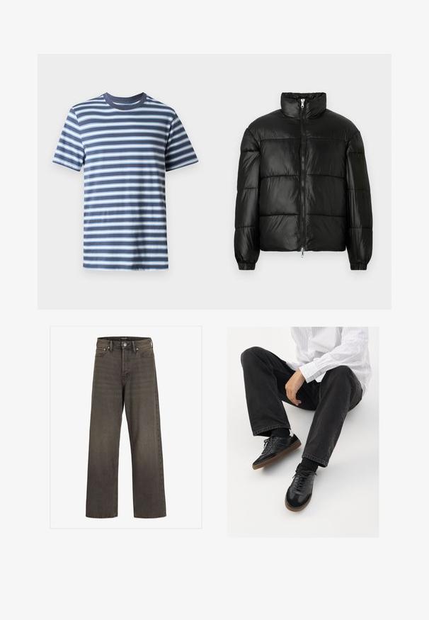 Juodas pūkinis švarkas su aukštu apykakle, užtrauktuko priekyje, siuvinėtu dizainu, elastingais rankogaliais ir blizgia, lygiąja audinio apdaila.; Tamsiai mėlyna marškinė su šviesiai mėlynomis ir baltomis horizontaliomis dryžiais. Klasikinio apvalaus iškirpimo dizainas, pagaminta iš minkštos medvilnės audinio.; Plati kojinės džinsai tamsiai pilkos spalvos džinsinio audinio, su aukštu liemeniu, klasikinio penkių kišenių dizainu ir kontrastinga siuvimo linija siūlėse.; Juodi sportbačiai su lygiu ir tekstūruotu paviršiumi, turi guminį padas ir tamsias raištelius. Suderinti su juodomis džinsais ir balta juostuota marškinėliais.