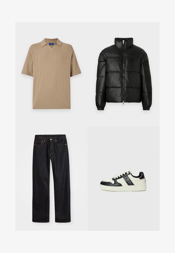 Must mustaga jakker, millel on kõrge krae, luku esikinnitus, tikanditud disain, elastsed mansetid ja läikiv, sile kangast viimistlus.; Jack & Jones JORVARENNA SPLIT NECK - Polosärk - silver sage; Meeste sirge jala mustad denim teksad viie taskuga, oranž õmblus, nupu ja tõmblukuga ees nagu vöökoht.; Nahatud nahkkingad musta ja kreemi värviskeemiga, millel on perforeeritud aktsendid, pehme krae ja tekstureeritud tallad.