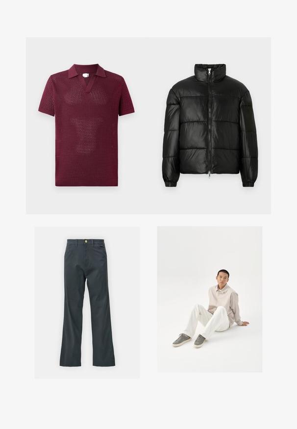 Černá péřová bunda s vysokým límcem, zapínáním na zip, prošívaným designem, elastickými manžetami a lesklým, hladkým povrchem.; Burgundská polokošile s krátkým rukávem a strukturovanou otevřenou tkaninou, má výstřih do V a strukturovaný límeček, vyrobená z lehkého pleteného materiálu.; Černé kalhoty s rovnými nohavicemi, vyrobené z bavlněné směsi. Mají kovové zapínání a boční kapsy. Bez viditelných vzorů.; Krémová košile na knoflíky, bílé kalhoty a šedé tenisky. Košile má volný střih a tenisky mají texturovaný povrch a zavazování.