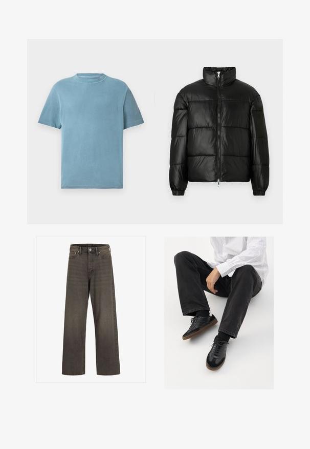 Casaco puffer preto com gola alta, fecho frontal em zíper, design acolchoado, punhos elásticos e acabamento de tecido brilhante e suave.; T-shirt de manga curta, com decote redondo, em algodão azul claro. O tecido parece suave, com uma textura lisa e detalhes de costura mínimos.; Jeans de perna larga em denim cinza escuro, com cintura alta, design clássico de cinco bolsos e costura em contraste ao longo das costuras.; Sneakers pretos com parte superior lisa e texturada, apresentando uma sola de borracha e atacadores escuros. Combinados com jeans pretos e uma camisa branca às riscas.