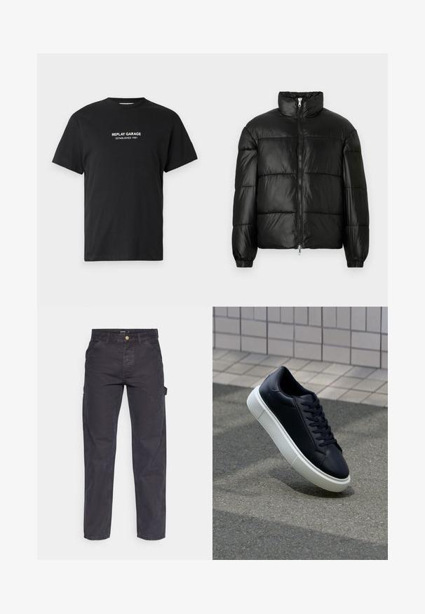 Chaqueta de pluma negra con un cuello alto, cierre frontal con cremallera, diseño acolchado, puños elásticos y acabado de tela brillante y suave.; Camiseta de algodón negra con mangas cortas, que presenta texto impreso en blanco "REPLAY GARAGE ESTABLISHED 1981" centrado en el pecho.; Pantalones cargo de color gris oscuro, confeccionados con un tejido duradero, que presentan un corte recto, cinco bolsillos y un cierre de botón en la cintura.; Zapatilla de cuero negro con punta redonda y suela de goma blanca. Presenta cordones planos y un mínimo de costuras en la parte superior. Suela texturizada para proporcionar agarre.