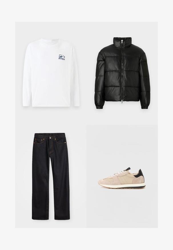 Juodas pūkinis švarkas su aukštu apykakle, užtrauktuko priekyje, siuvinėtu dizainu, elastingais rankogaliais ir blizgia, lygiąja audinio apdaila.; Baltos ilgos rankovės marškiniai, pagaminti iš medvilnės, su jūrinės laivyno spalvos logotipu ant krūtinės. Išlenktas kaklo iškirpimas ir tiesioginė apykaklė su ilgomis, patogiomis rankovėmis.; Vyrų tiesaus kirpimo juodi džinsai iš denim medžiagos, su penkiomis kišenėmis ir oranžinėmis siūlėmis, su mygtuko ir užtrauktuko uždarymu ant priekio.; Kreminės zomšinės sportbačiai su tinklelio detalėmis, balti raišteliai ir juodas kulno akcentas. Stori balti padai su juoda juostele suteikia kontrastą.